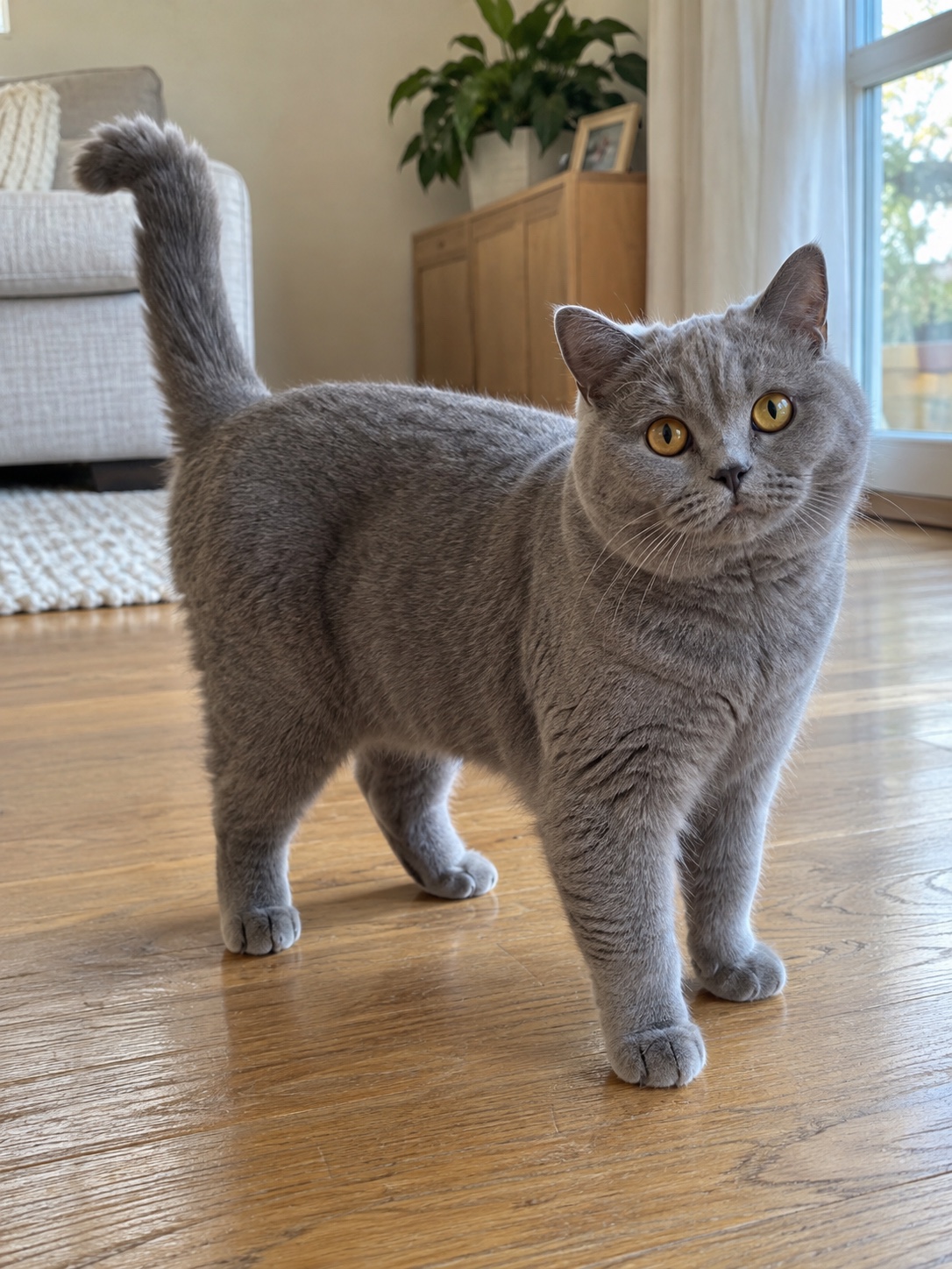 Lead cat photo: a gray British Shorthair
